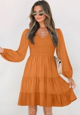 Womens SMALL V Neck Smocked High Waist Ruffle A Line Tiered Mini Dress NWT