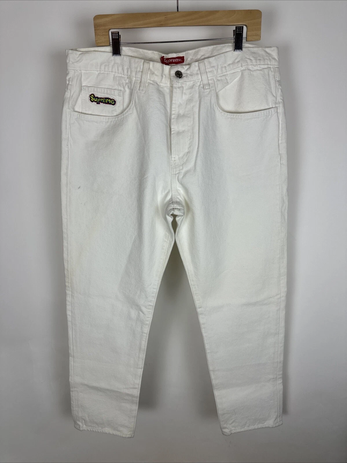 Pantalon streetwear homme Supreme Jeans blanc toile denim jambe droite taille 36