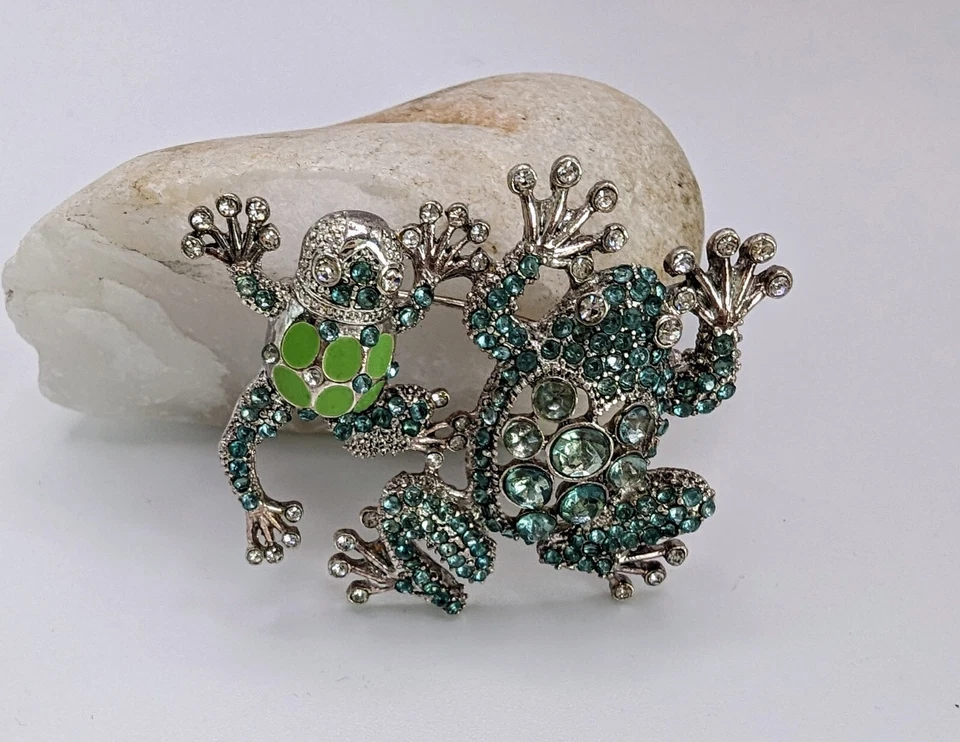 Broche Napier 2 Ranas Árboles Estrás Verde Tono Plata Excelente Forma Foto 3 de 4