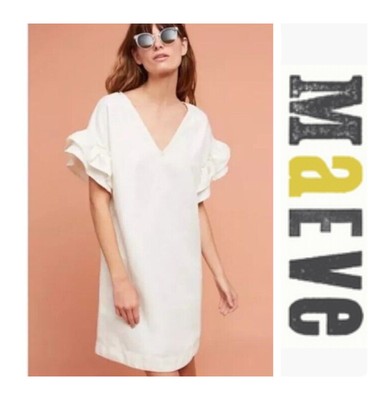 Anthropologie Maeve Ivory Lottie Linen Blend Flutter Sleeve Shift Dress Size M