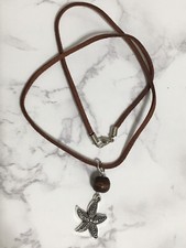 Starfish Silver Tone Pendant Necklace Brown Wood Beads 18  Flat Faux Leather  .