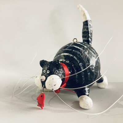 Fat Black&White Cat w/ Fish in Mouth Christmas Ornament Naughty Hungry Kitty