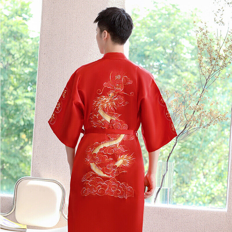 Men Summer Robe Chinese Silk Satin Sleep Robes Dragon Embroidery Sleepwear