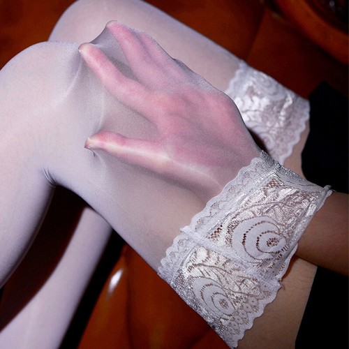 Womens Oil Shiny Glossy High Stockings Lace Stay Up Thigh-Highs Hosiery Stocking - Picture 18 of 28