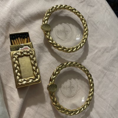 Princess House Exclusive 2 Gold Tone Ashtrays and 1 Match Box VINTAGE, no box