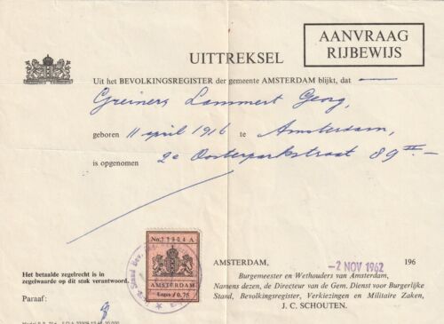 712) NEDERLAND UITTREKSEL BEVOLKINGSREGISTER 1962 -RARE REVENUE AMSTERDAM  LEGES - Foto 1 di 2