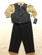 Toddler Boys Black  Tan Brown Plaid Vest Suit 4pc Dress Up Outfit