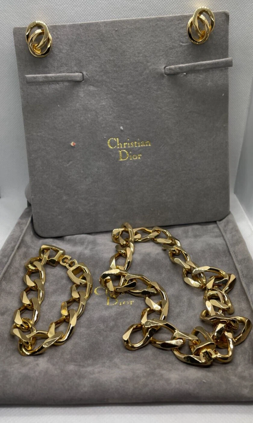 COLLIER VINTAGE CHRISTIAN DIOR PRÉ PROPRIÉTÉ BRACELET ENSEMBLE BOUCLES D'OREILLES TON OR UTILISÉ