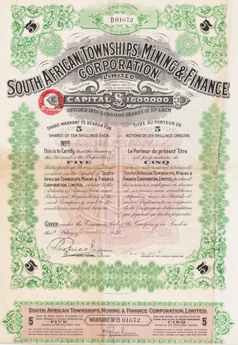 SOUTH AFRICAN TOWNSHIPS MINING & FINANCE - STOCK 5 SHARES 10s - SOUTH AFRICA