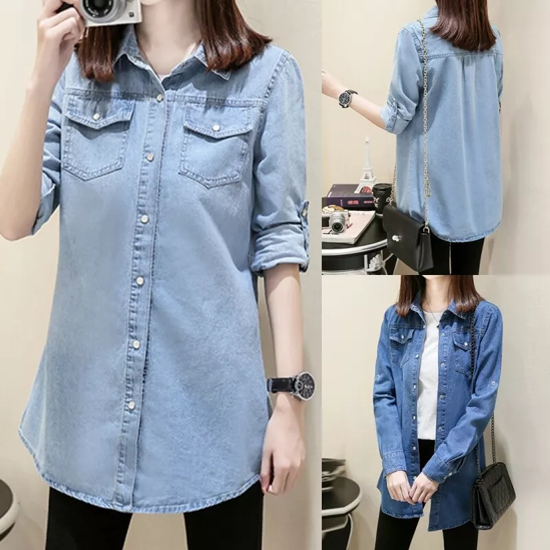 New Spring Fashion Long Loose Cotton Denim Women Blouses Long Sleeve Shirts  Women Tops Jeans Blouse Female Casual Clothi size XL Color Light blue