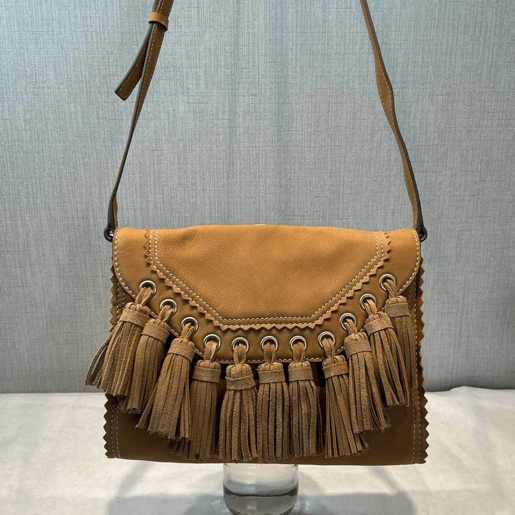 Lucky Brand Zoie Suede Crossbody Bag Purse Fringe Tan Adjustable