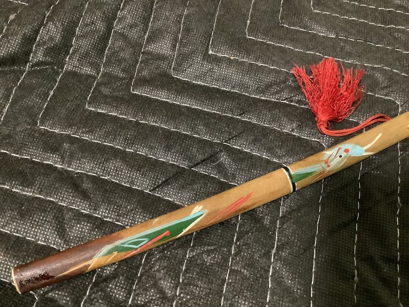 Japanese Letter Opener Wood Handle, Steel Blade, Painted Design & Red Tassel