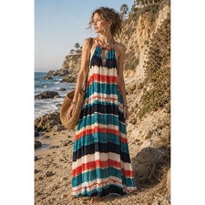 Beachy Summer Vacation Flowy Tie Dye Halter Turquoise Orange Blue M Maxi Dress