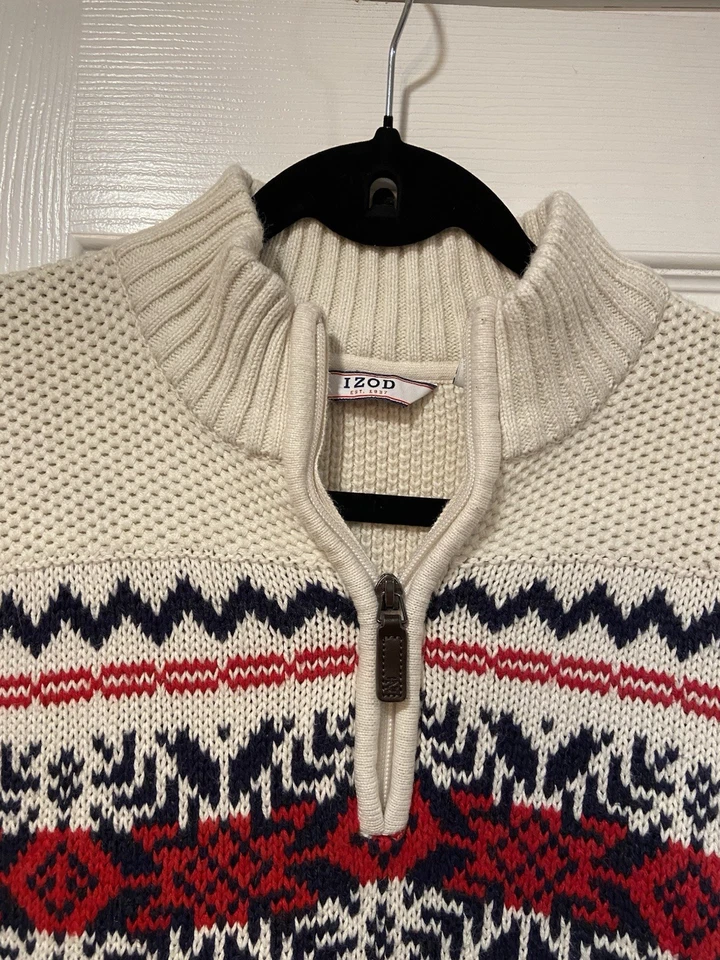 Izod Mens Size L Cotton Quarter Zip Fair Isle Nordic Knit Cream Sweater Leather - Image 2 of 4