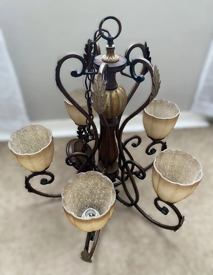 French Country 5-Light Walnut/Brass Finish Chandelier w Champagne Glass Shades - Image 3 of 4
