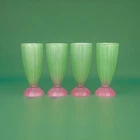 (4) VTG Watermelon Milk Shake Glasses Frosted Ribbed Green w Pink Footed 7.5” T