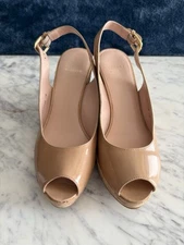 Stuart Weitzman peep toe wedge heels nude shiny cork, size 7.5, 3.5" heel