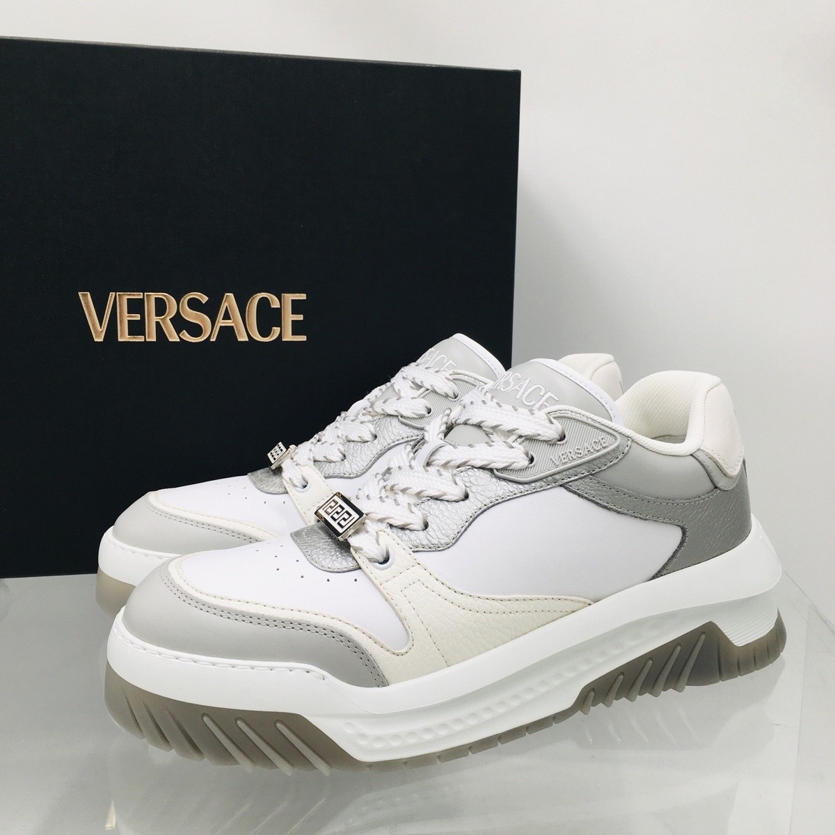 NEW VERSACE Odissea Leather Low - Top Sneakers Grey / White