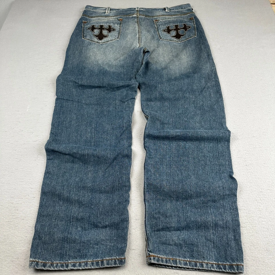 Pantalones de mezclilla DKNY vintage para hombre 38x32 azul lavado sucio pierna ancha estilo JNCO gótico holgados Y2K Foto 3 de 4