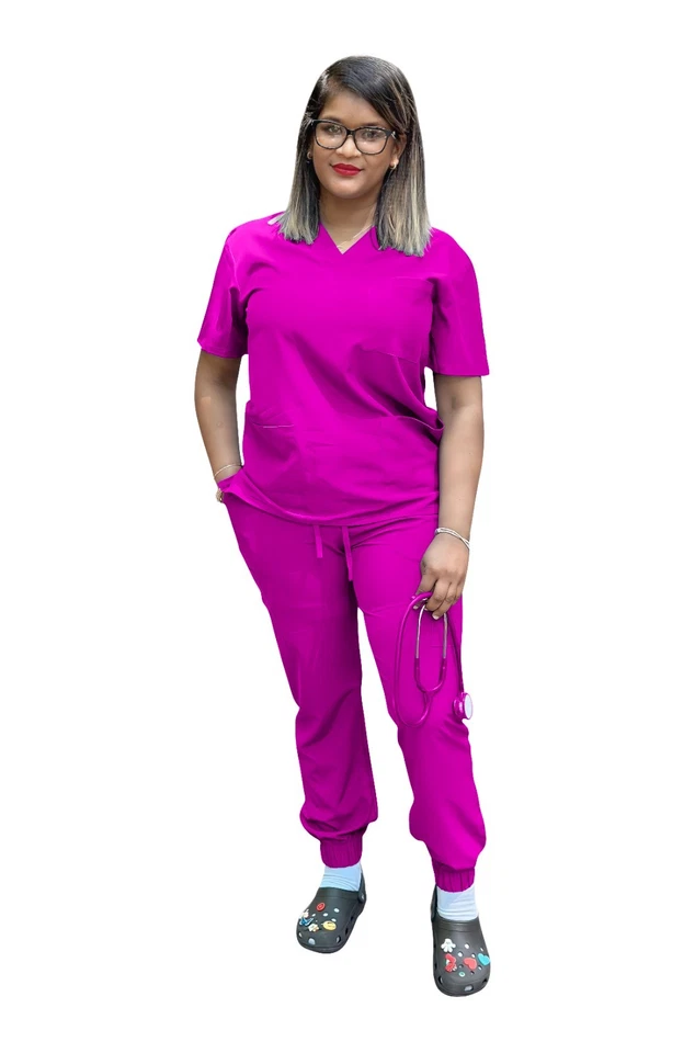 Unisex Stretch Jogger Scrub Set V-Neck Top Pants Medical Nurse Uniform 20 Colors - Image 4 of 4