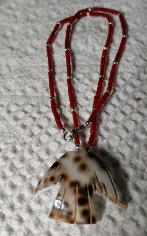 coral and sterling silver Carved shell thunderbird necklace