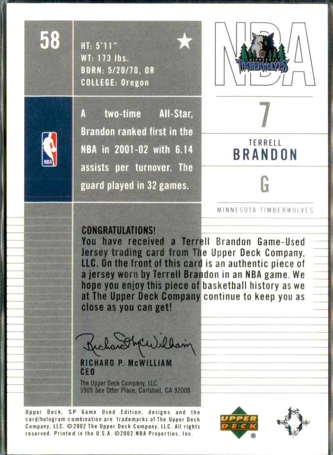 2002-03 BASKETBALL SP Game Used JERSEY CARD #58 Terrell Brandon NMMT FREE SHIPPI view 2
