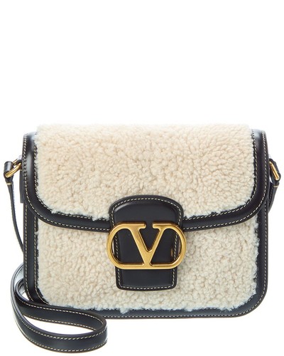 Valentino Vlogo Shearling & Leather Shoulder Bag Women's Black