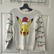 Pok mon Pikachu Christmas Lights Sweater Pullover M White Holiday Knit