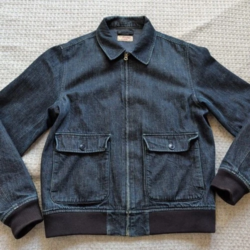Wallace & Barnes Jacket Mens Medium Blue Denim Bomber Full Zip Lined Workwear - product listing photo