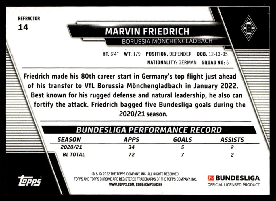 2021 Topps Chrome Bundesliga Refractor Marvin Friedrich VfL Borussia - Image 2 of 2