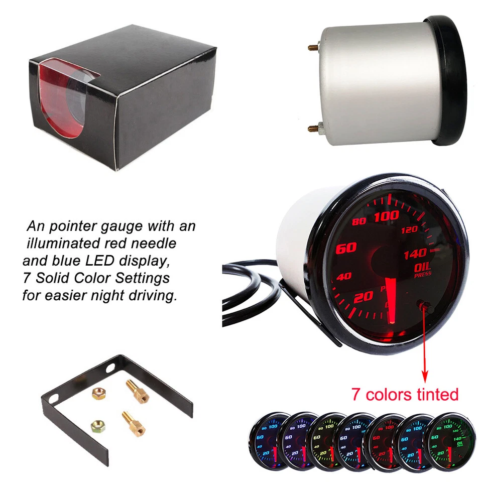 2'' 52mm 7 Color LED Digital 0-140 PSI Oil Pressure Gauge Meter W/ Sensor - Image 4 of 4