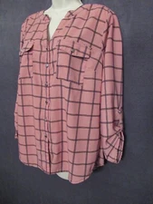 Notations Mauve Pink Black Plaid Slinky Business Casual 3/4 Sleeve Office Top L