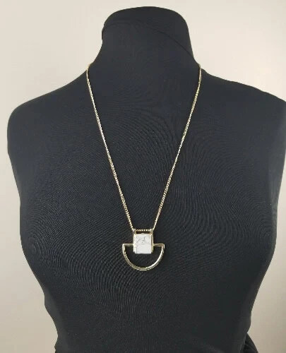 Gold Plated Marble Design White Stone Elegant Long Necklace PP - Picture 1 of 6