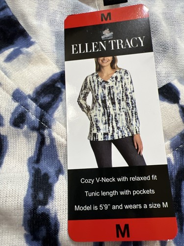 Ellen Tracy Womens White Blue Tie Dye V Neck Long Sleeve Tunic Blouse Sz. Medium - Picture 2 of 9