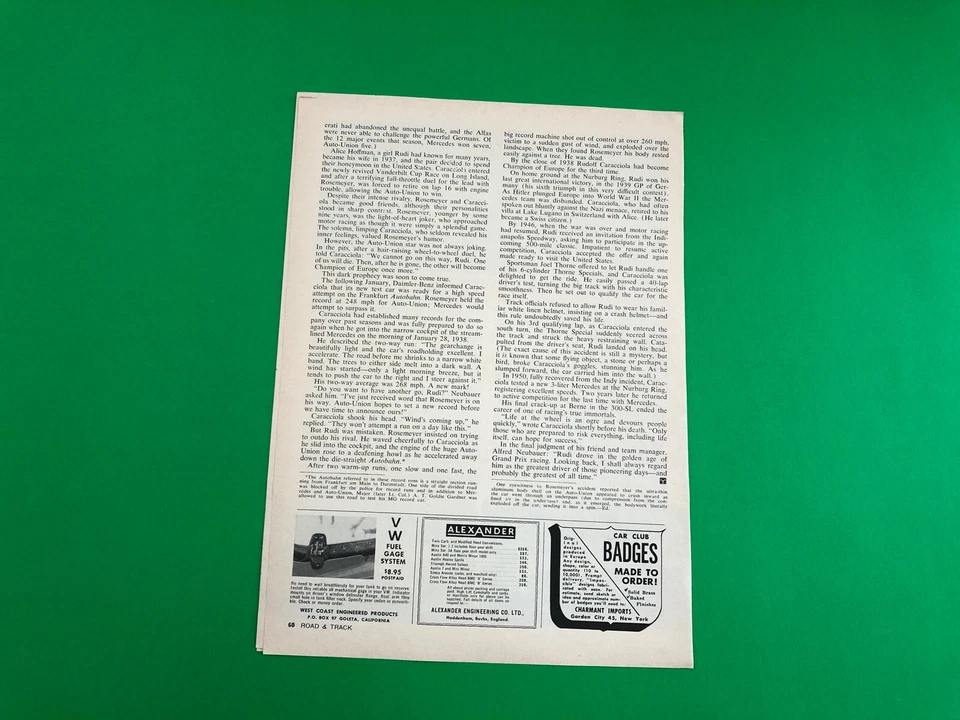 1961 MERCEDES BENZ RUDOLF CARACCIOLA ORIGINAL PRINT AD 5 PAGE ROAD TEST PRINTED - Image 3 of 3