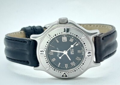 Eddie Bauer Watch Silver Case Black Face Screwdown Crown Swiss 7 Jewel 100M Dive