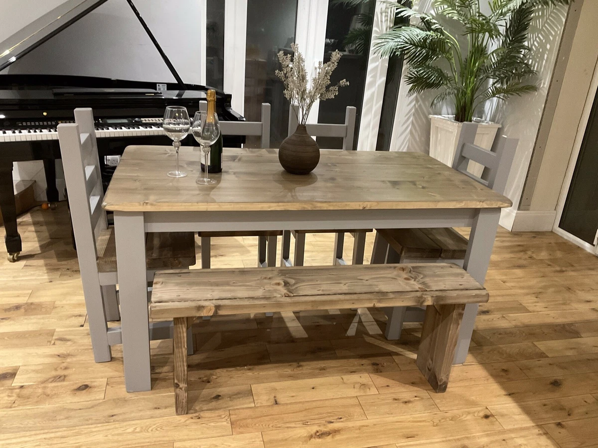 Rustic farmhouse Dining Table 4 Chunky Chairs And A bench