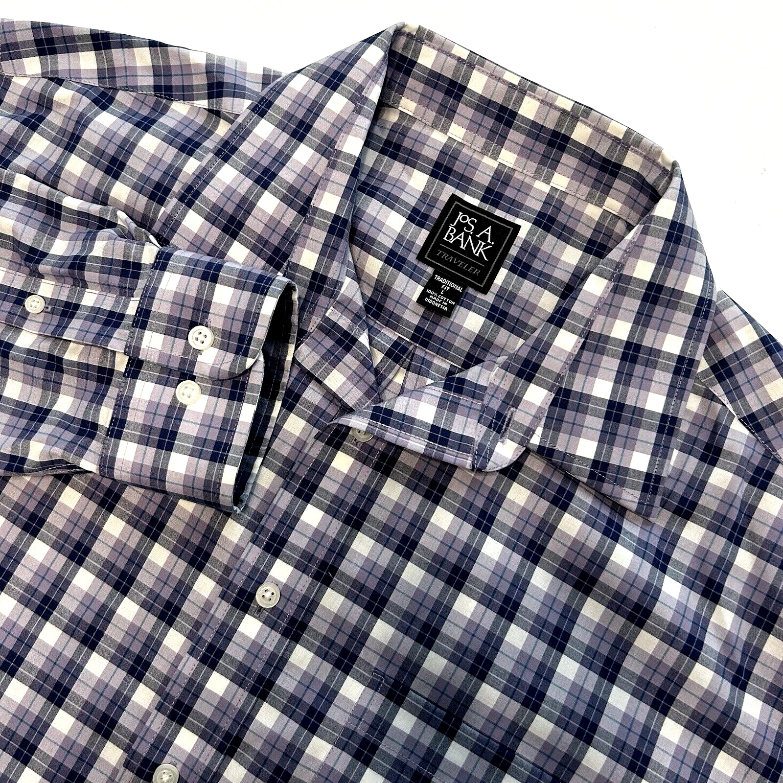 Jos A Bank Traveler Traditional Fit Large Mens Purple Plaid Long Sleeve Shirt