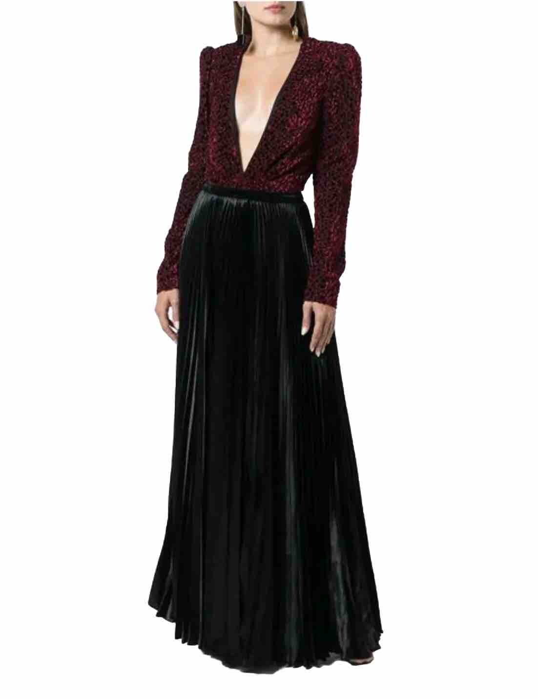 Maxi gonna lunga nera seta velluto plissettata SAINT LAURENT Paris nuova con etichette prezzo di listino £1680 UK8