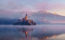 Landscape castle lake mountains slovenia bled island Custom Gaming Mat Desk
