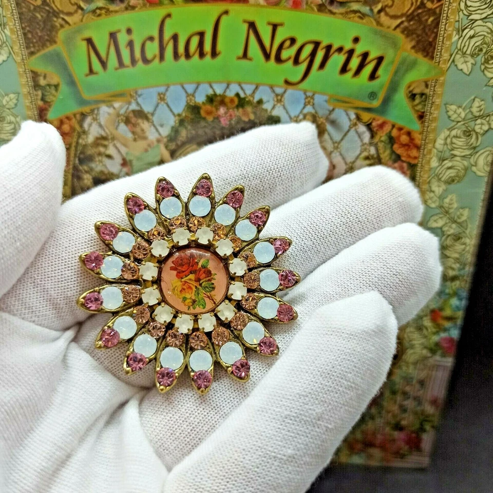 Broche Michal Negrin Rosa Grande Girasol Camafeo y Cristales Prendedor Firmado Regalo Nuevo Foto 4 de 4