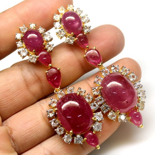Gemstone Red Ruby & White Topaz Earrings 925 Silver 18K Gold Plated - Picture 2 of 4