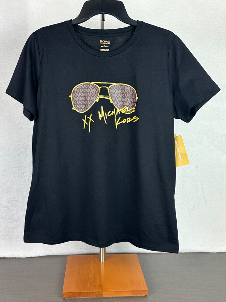 Michael Kors Women's Black Logo Aviator Print T-Shirt Short