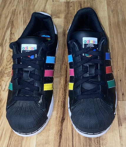Adidas Superstar J Colorful Stripe Black Leather FW5235 - Size 4 | eBay