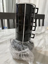 4 Ounce Porcelain Stackable Espresso Cups with Saucers and Metal Stand Set of...