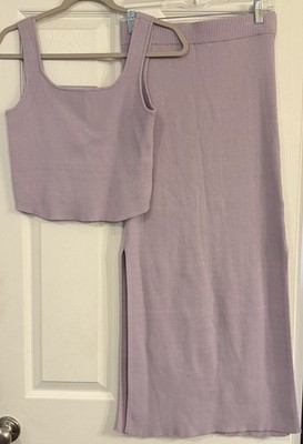 House Of Harlow 1960 Two Piece Midi Slit Skirt Crop Top Lilac Ribbed Knit Medium