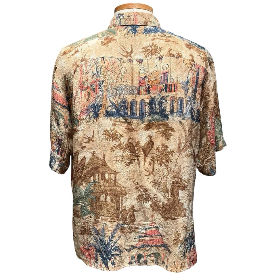 Camisa de campamento Citron Santa Monica para hombre con estampado asiático con botones talla mediana seda Foto 3 de 4