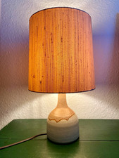 Vintage Keramik Tischlampe beige/braun mit Strukturstoffschirm, Kabel & Schalter