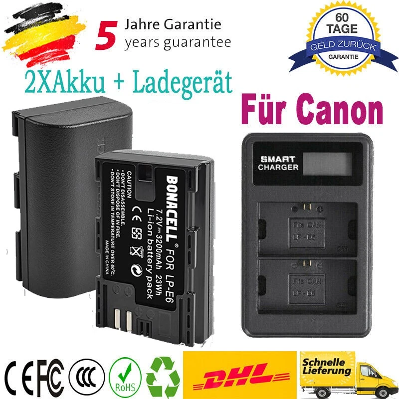 BONACELL 2x LP-E6 Akku + Ladegerät Für Canon EOS 70D 60D 7D 5D Mark II/III 3.2Ah Batterie