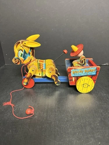 Vintage #166 Fisher Price 50's Bucky Burro Donkey Cart Pull Toy, 2F